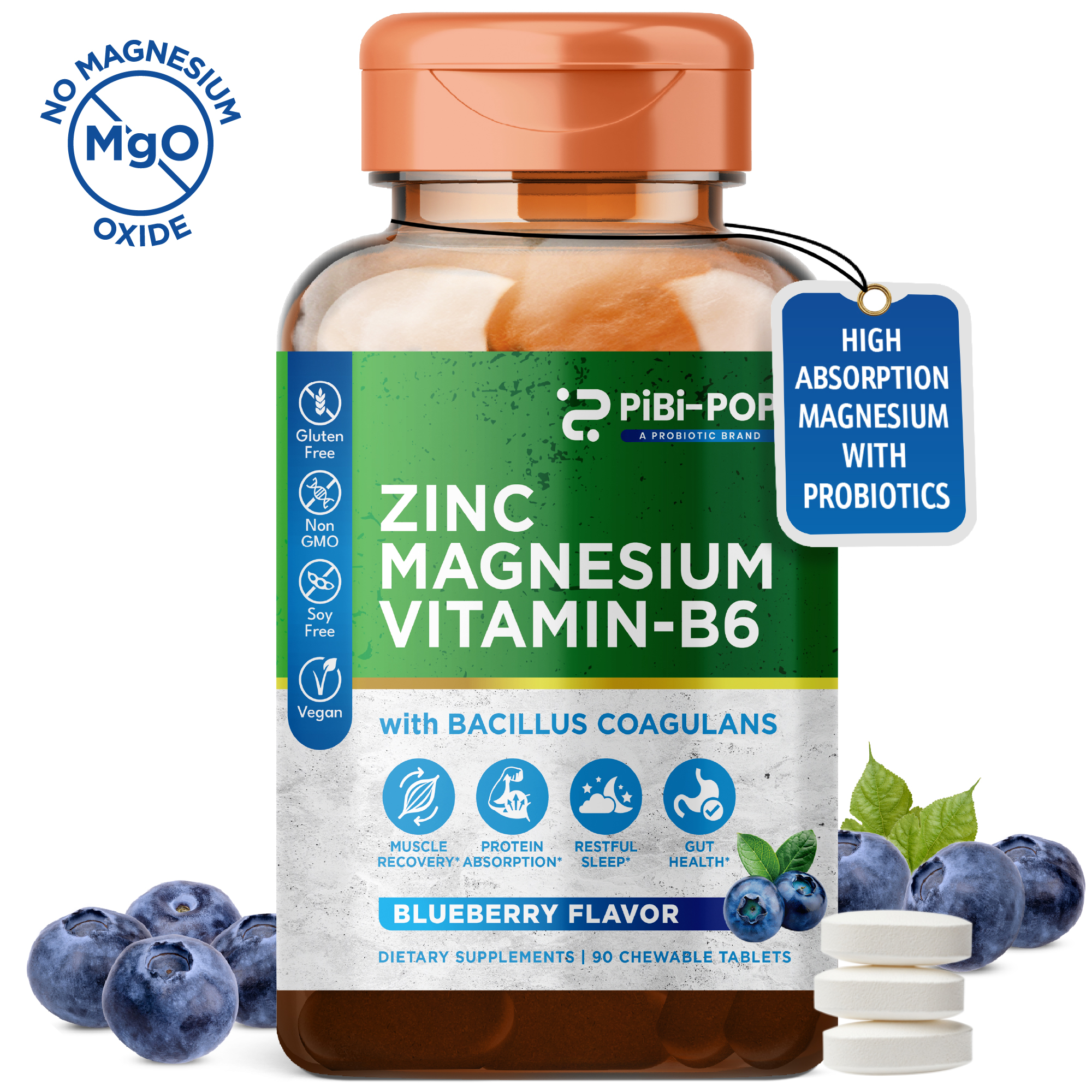 Chewable Magnesium Glycinate with Zinc and Vitamin B6 Plus Bacillus Coagulans Supplement for Men and Women